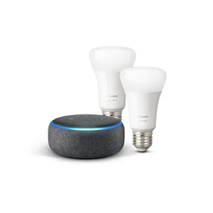 Echo Dot (3rd Gen), Charcoal Fabric   Philips Hue White Smart Bulb Twin Pack LED (E27) | Bluetooth & ZigBee compatible (no hub required)