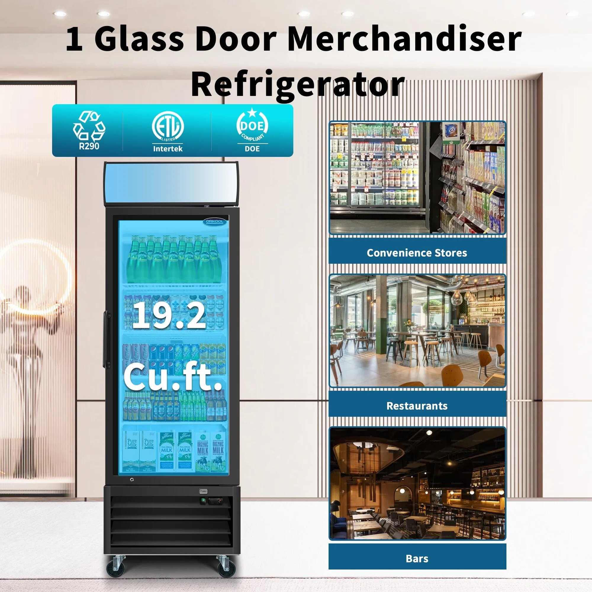 ORIKOOL Glass Door Merchandiser Refrigerator 19.3 Cu.ft Swing Door Commercial Display Refrigerators Merchandising Refrigeration with LED Top Panel